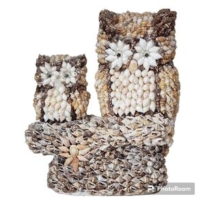 Vintage Seashell Two Owls Figurine Phillipines Decor Mom And Baby Googly Eyes